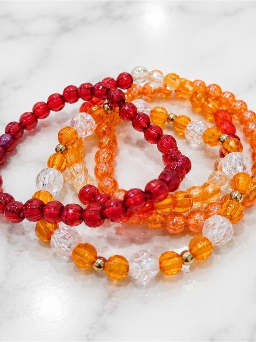 Glass Bead Stretch Bracelet Set - Red, Orange & Clear